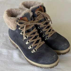 Mephisto Zelda Blue Suede Winter Boots with Tan Laces Faux Fur shock absorber